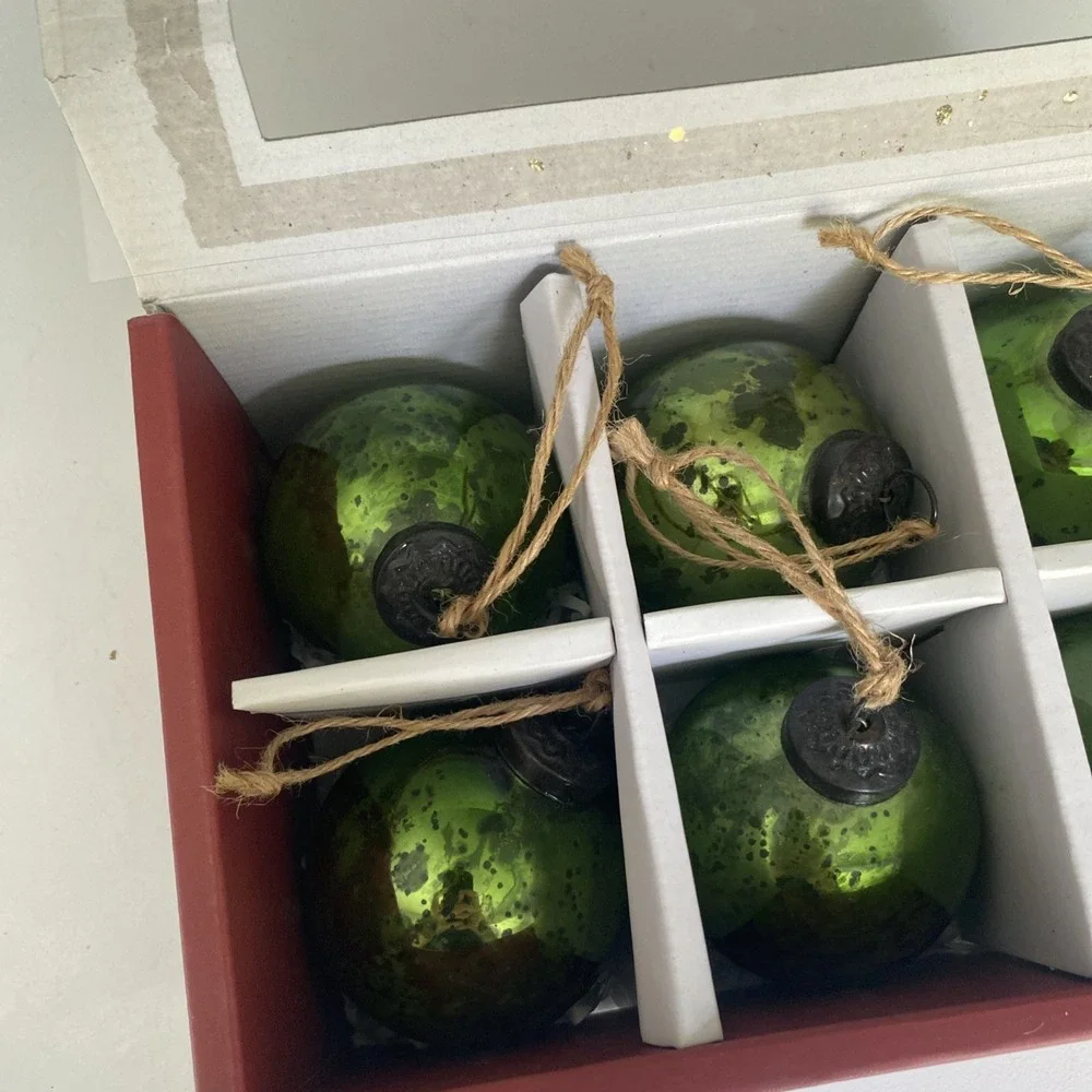 Pottery Barn Mercury Glass Ball Ornaments Set of 6 Green w/ Box